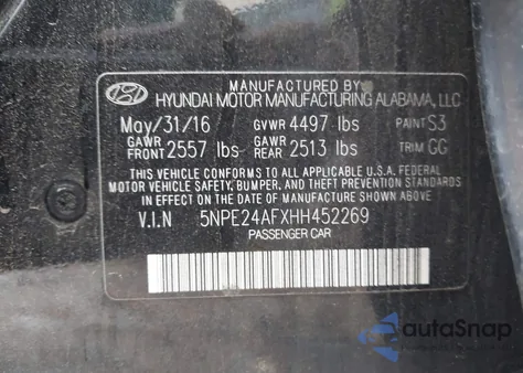 2017 Hyundai Sonata Se z USA, uszkodzony, nr VIN 5NPE24AFXHH452269